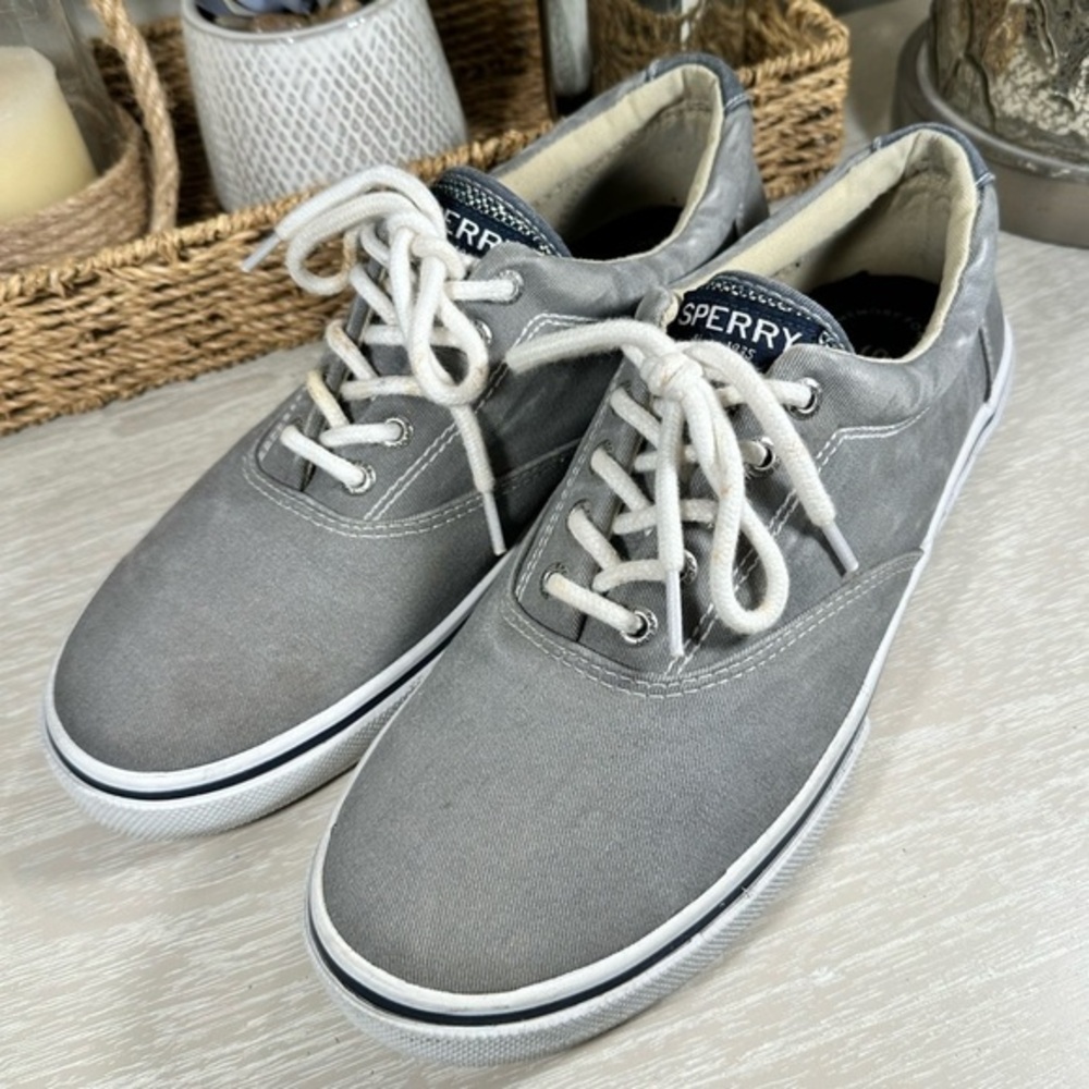 Mens Sperry sneakers shoes size 10 gray blue white slip on boat canvas topsiders